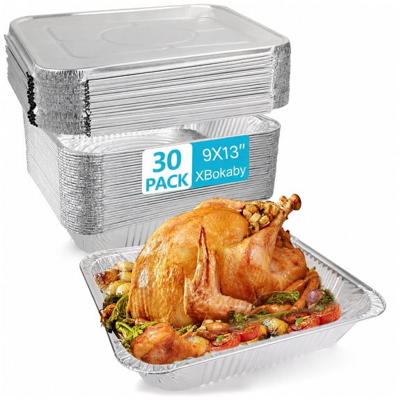 XBokaby Aluminum Foil Pans With Lid, Heavy Duty Disposable Baking and Roasting Pans, 30 Pack, 9x13 Inch