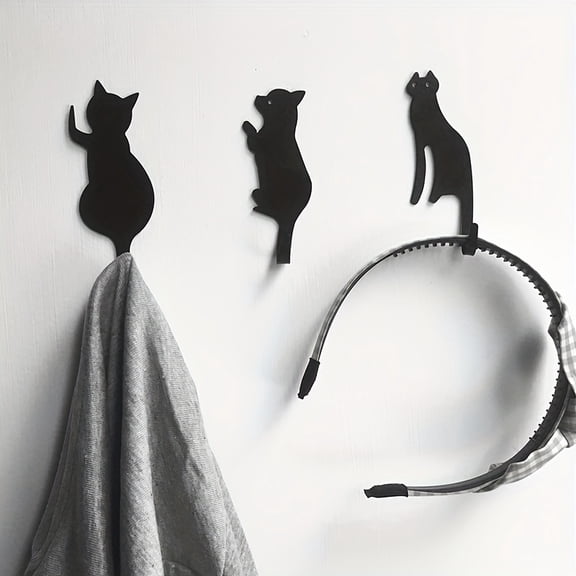 HELLOYOUNG 3-Pack Metal Wall Hooks, Cute Cat Design Robe & Towel Hooks, No Nail No Drill Strong Adhesive Bathroom Kitchen Home Decor