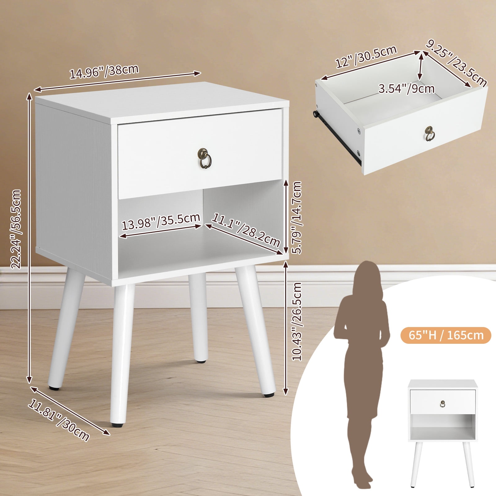 Ktaxon Wooden Night Stand Side End Table Storage Shelf with One Drawer Night Stand Sets of 1, White