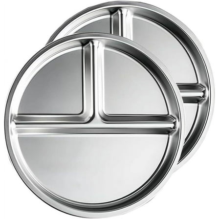 Set of 2 Stainless Steel Kids Plates, Portion Control Platter with 3-Compartment, Unbreakable Dinner Plates, Divided Food Tray Stainless Steel Plate for Adults Kids, Camping, Lunch and Dinner