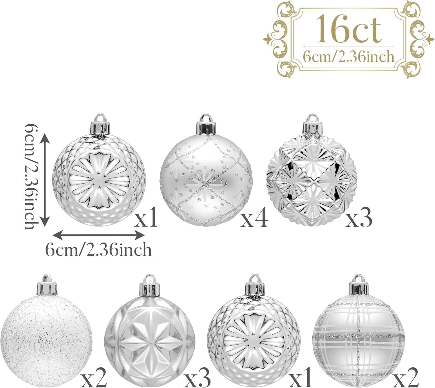 Ornaments for Christmas Trees, 16ct 2.36 Inches White and Silver Shatterproof Christmas Tree Decorations, Hanging Ball Ornaments for Xmas Holiday Party Decor