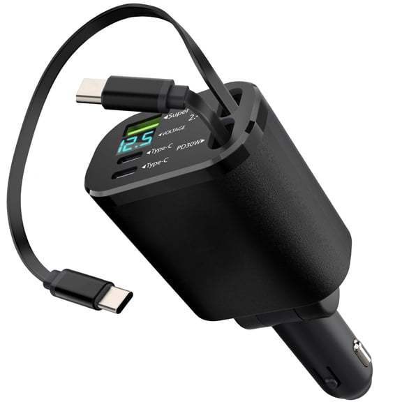 Vena Retractable Car Charger USB C 2.3ft, 30W Phone Charger for Car Android iPhone 17 16 15, Cigarette Lighter Charger with USB A & USB C Port, Black