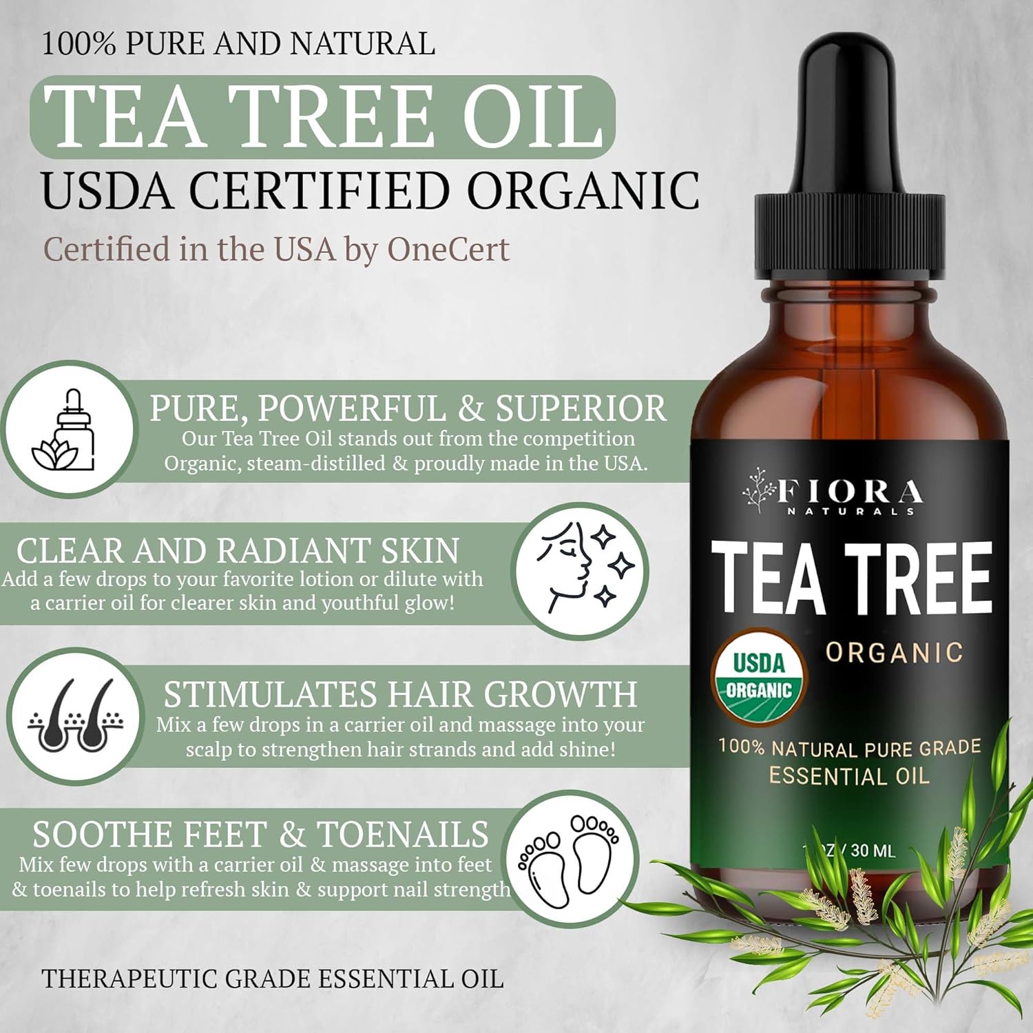COOLAPA Olio Essenziale Di Tea Tree 100% Puro E Naturale – 118 Ml (4 Oz) Con Contagocce In Vetro, Grado Terapeutico, Senza Additivi, Confezionato In USA