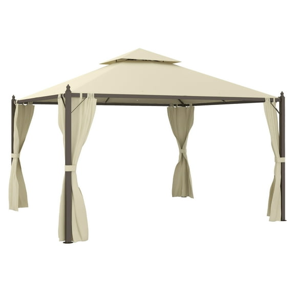 10' x 12' Steel Outdoor Patio Gazebo with Polyester Privacy Curtains, Two-Tier Roof for Air, Large Design