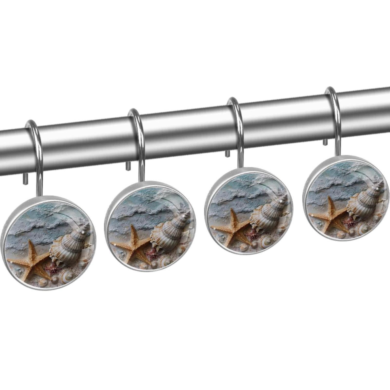 Sea Starfish Shells Painting Shower Curtain Hooks Round Crystal Glass, Set of 12 Shower Curtain Rings - Shower Hooks for Curtain Shower Rings