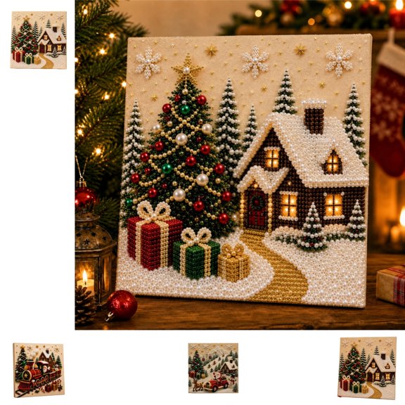 Christmas DIY Pearl Painting Kit 30x30cm, Santa Winter Village Gem Art Set, Handmade Wall Decor Craft Supplies for Holiday Home Decoration & Gift