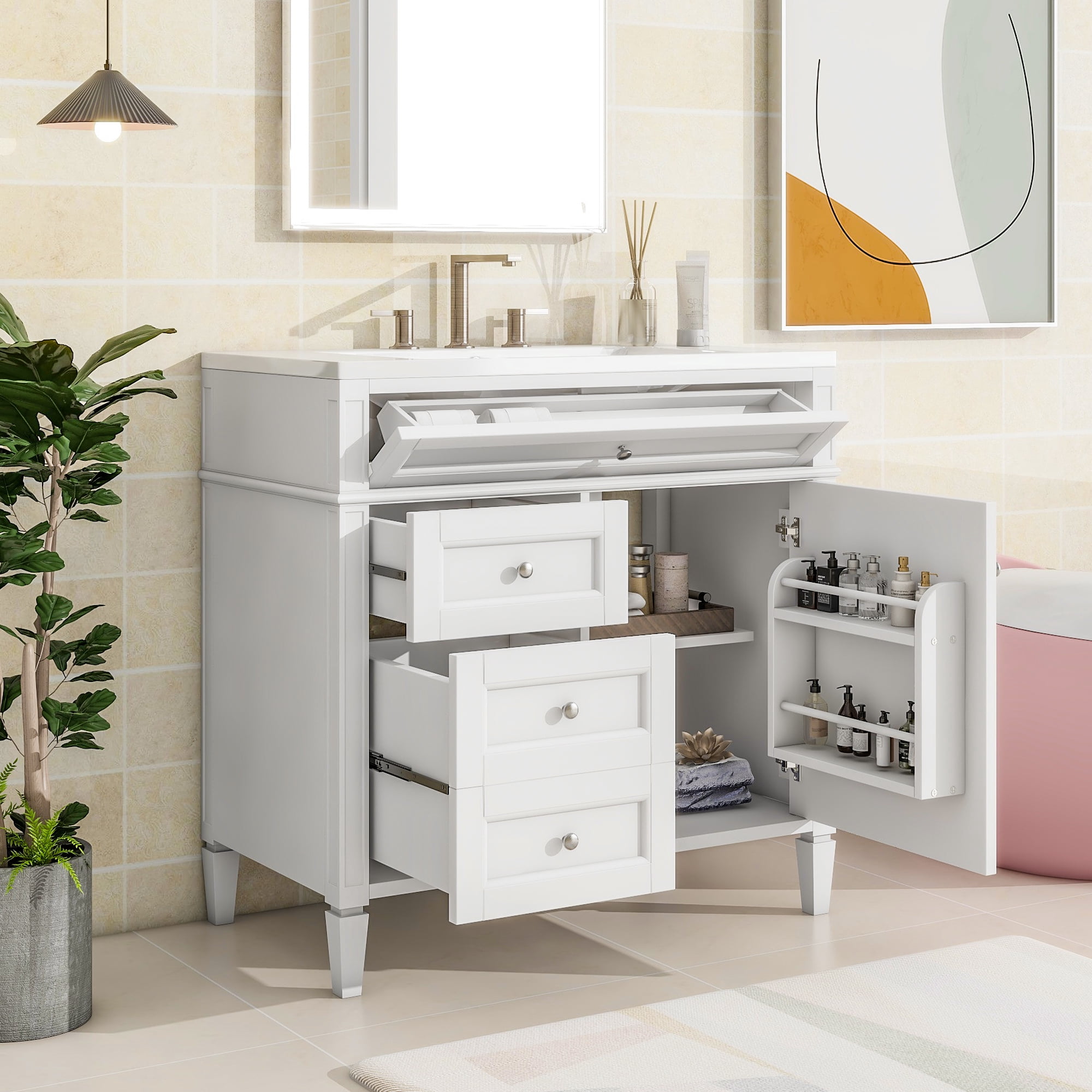 Euroco Freestanding Bathroom Vanity with Drawers and Cabinet Door Organizer, Modern Sink Cabinet, Easy Assembly