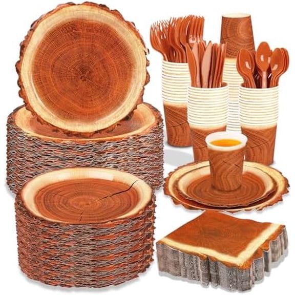 400 Pieces Camping Wood Grain Slice Party Supplies Set Paper Plate Cup Napkin for Camping Woodland Baby Shower Lumberjack Birthday Featuring a Round Wooden Slice Die Cut Edge Design Serve 50