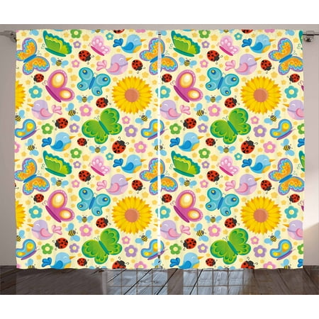 Element Spring - Nursery Curtains 2 Panels Set, Spring Themed Vivid Colored Seasonal Elements Blooming Flowers Ladybugs Bees Birds, Window Drapes for Living Room Bedroom, 108W X 108L Inches, Multicolor, by Ambesonne