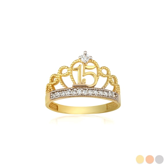 Solid Gold Cubic Zirconia 15 Años Filigree Crown Quinceañera Milgrain Ring (10K Yellow Gold,Size 4)