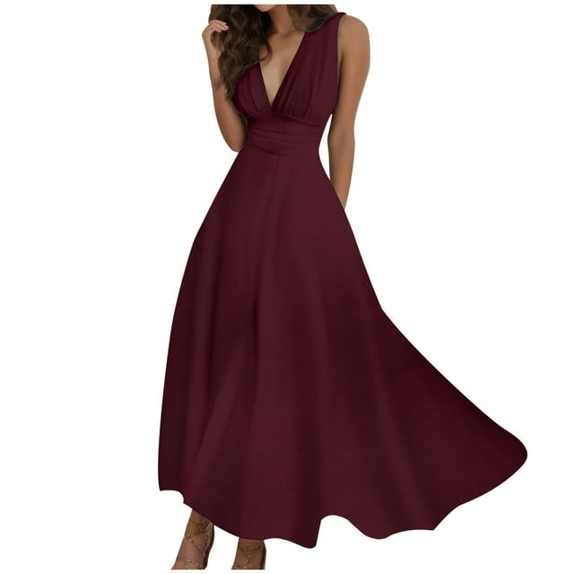 Women's Spring Summer V-Neck Sleeveless Side Zipper Long Dress - Pleated Polyester, Fashionable for Work & Night Out