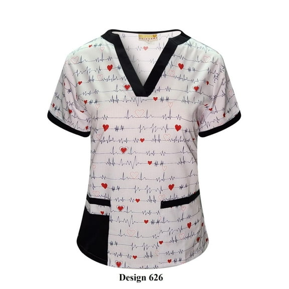 Pepino Uniforms Printed Black EKG V-Neck Scrub Top