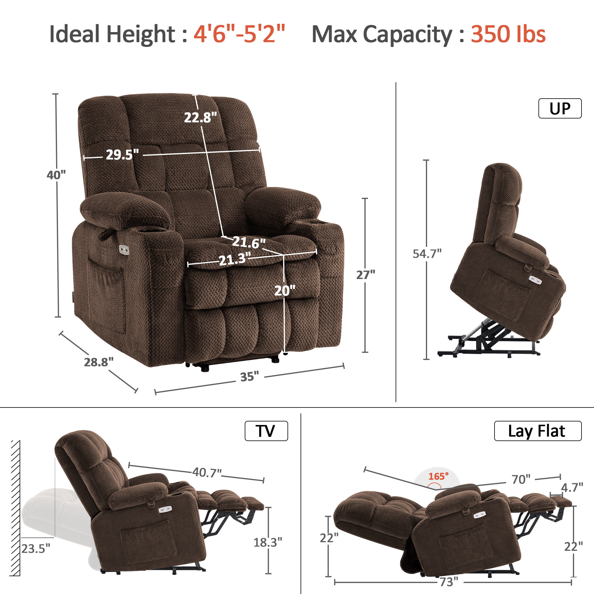 MCombo 21.3" Seat Width Lay Flat Dual Motor Power Recliner Lift Chair with Vibration and Heat, Infinite Position