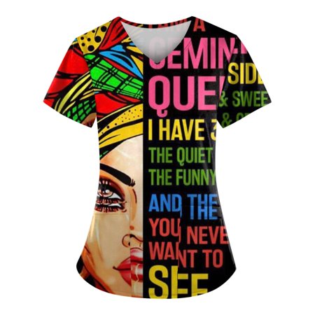 

TKing Fashion Women Plus Size Scrubs Top V-Neck Short Sleeve Animal Print Pockets Work Blouse for Women Black L