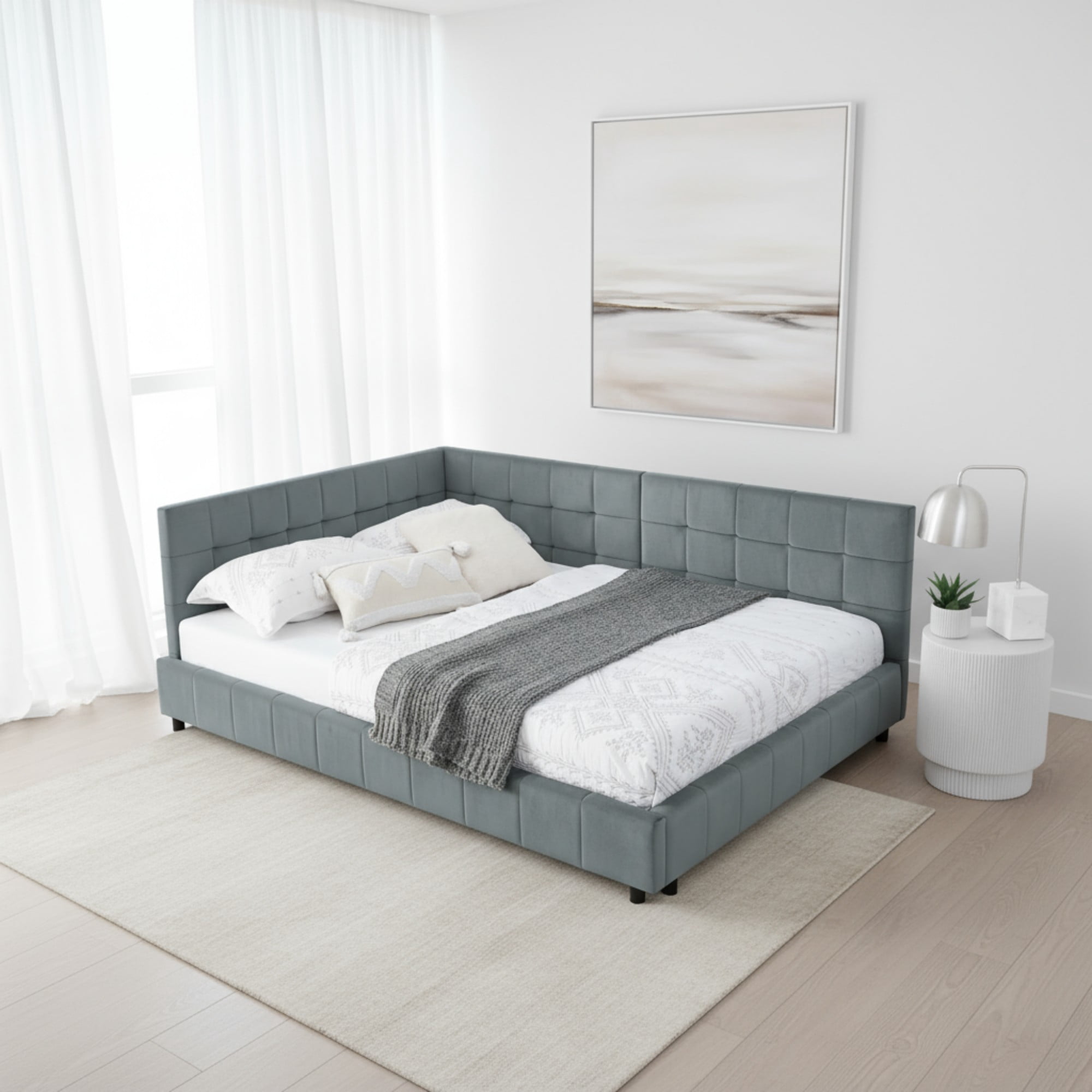 Gewnee Multifunctional Full Size Daybed Sofa - Eucalyptus Wood Frame Velvet Upholstered with Backrest for Bedroom/Living Room, Grey