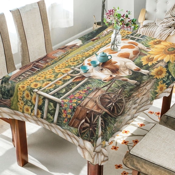 YAZAOO Square Tablecloth Cow with Cart in Sunflower Field Pattern Tableclothes