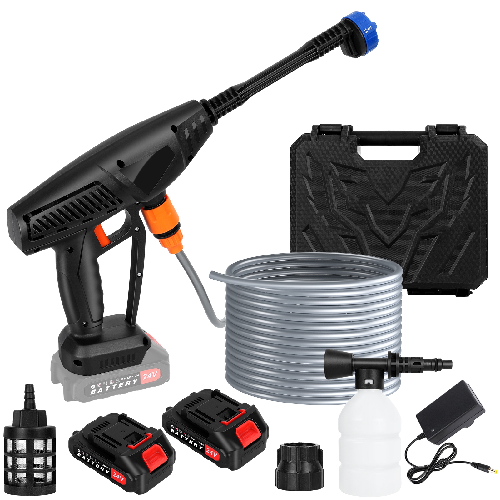 Ltoshu 24V Cordless Pressure Washer - Battery Powered Portable Washer with 6-in-1 Nozzles, 21.5Ah Batteries, 16.4ft Hose & Foam Bottle for Car/Bike/Yard/Home