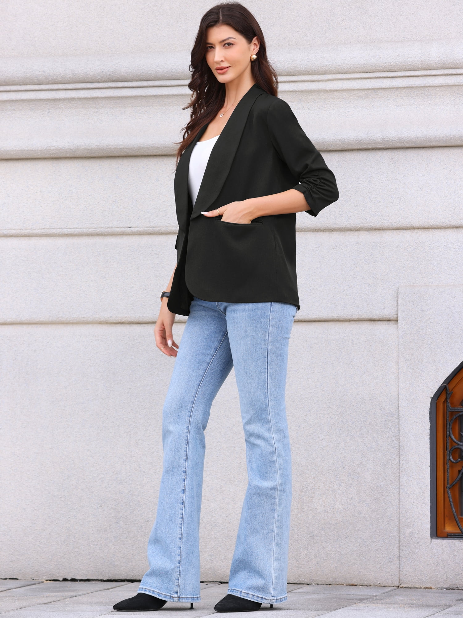 DARING DIVA Women's Ruched 3/4 Sleeve Shawl Collar Dressy Suit Jacket S Black