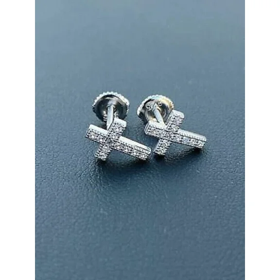 Cross 2Ct Round Cut Simulated Diamond Stud Earrings Push Back 14K White Gold Finish