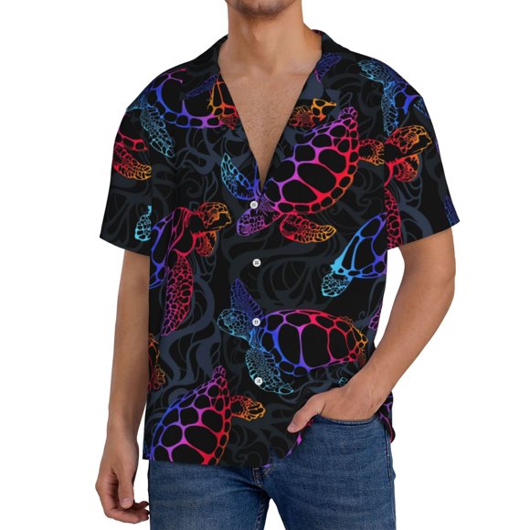 Lsque Sea Turtle print Men's Cuban Collar Short Sleeve Shirt Summer Beachwear Casual Button Down Fashionable Vacation Leisure Shirt-Small