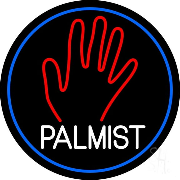 White Palmist Red Palm Blue Border LED Neon Sign 18 X 18 - inches Black Square Cut Acrylic Backing, with Dimmer - Bright and Premium built indoor LED Neon Sign for Storefront.