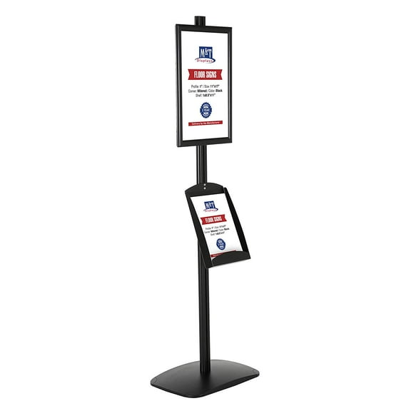 M&T Displays Free Standing Display Stand with 1 x (11X17) snap Frame in Portrait/Landscape and 1 x (8.5x11) Steel Shelf, Single Sided (Black)