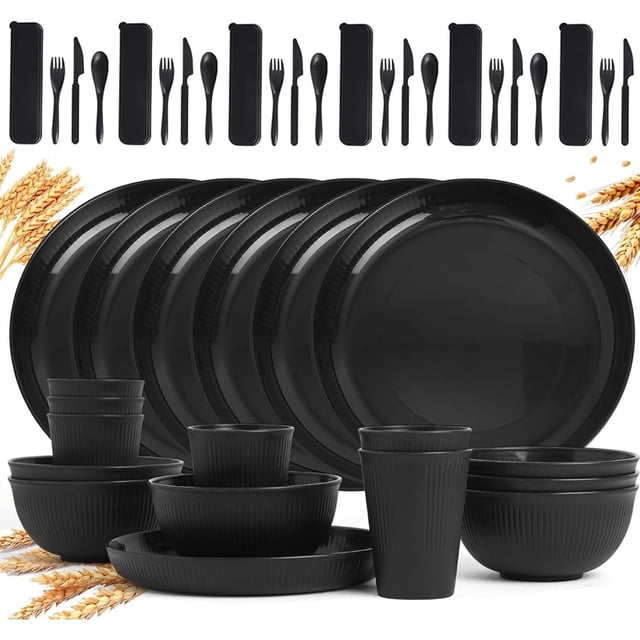 Juego de vajilla de plástico para 42 Piezas, Juego de vajilla de Paja de Trigo de plástico, Platos de microondas, Color Negro