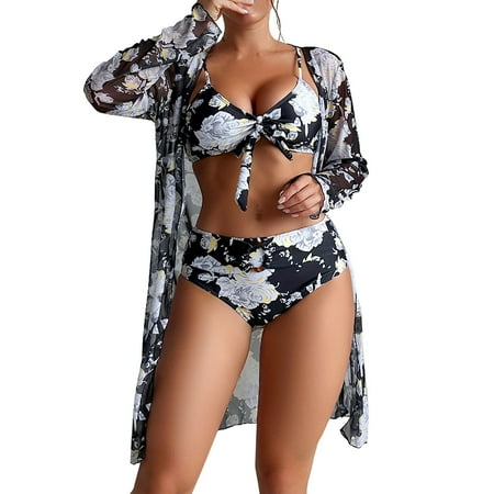 TODOZO Hot Sale!! Women s Summer Multi Color Printed Bra Without Support Three Set Bikini 3 Piece Swimsuits Tropical Push Up Bikini Sets Beach Long Sleeve Bathing Suits with Kimono Cover Up Black M