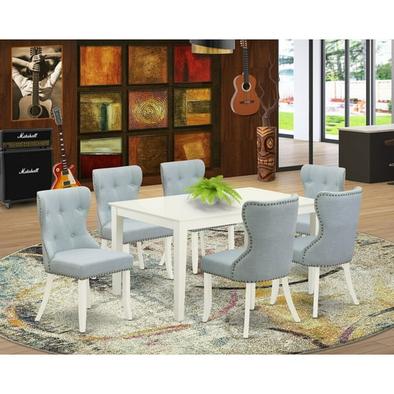 HomeStock Classic Comfort Furniture Casi7-Lwh-15 - A Dining Set Of 6 Fantastic Dining Chairs With Linen Fabric Baby Blue Color And A Lovely Dinner Table With Linen White Color