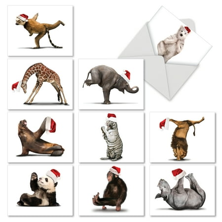 10 assorted 'yuletide zoo yoga' christmas cards with envelopes 4 x 5.12 inch, blank greeting cards for seasonal occasions, stationery set with funny zoo animals doing yoga in santa hats