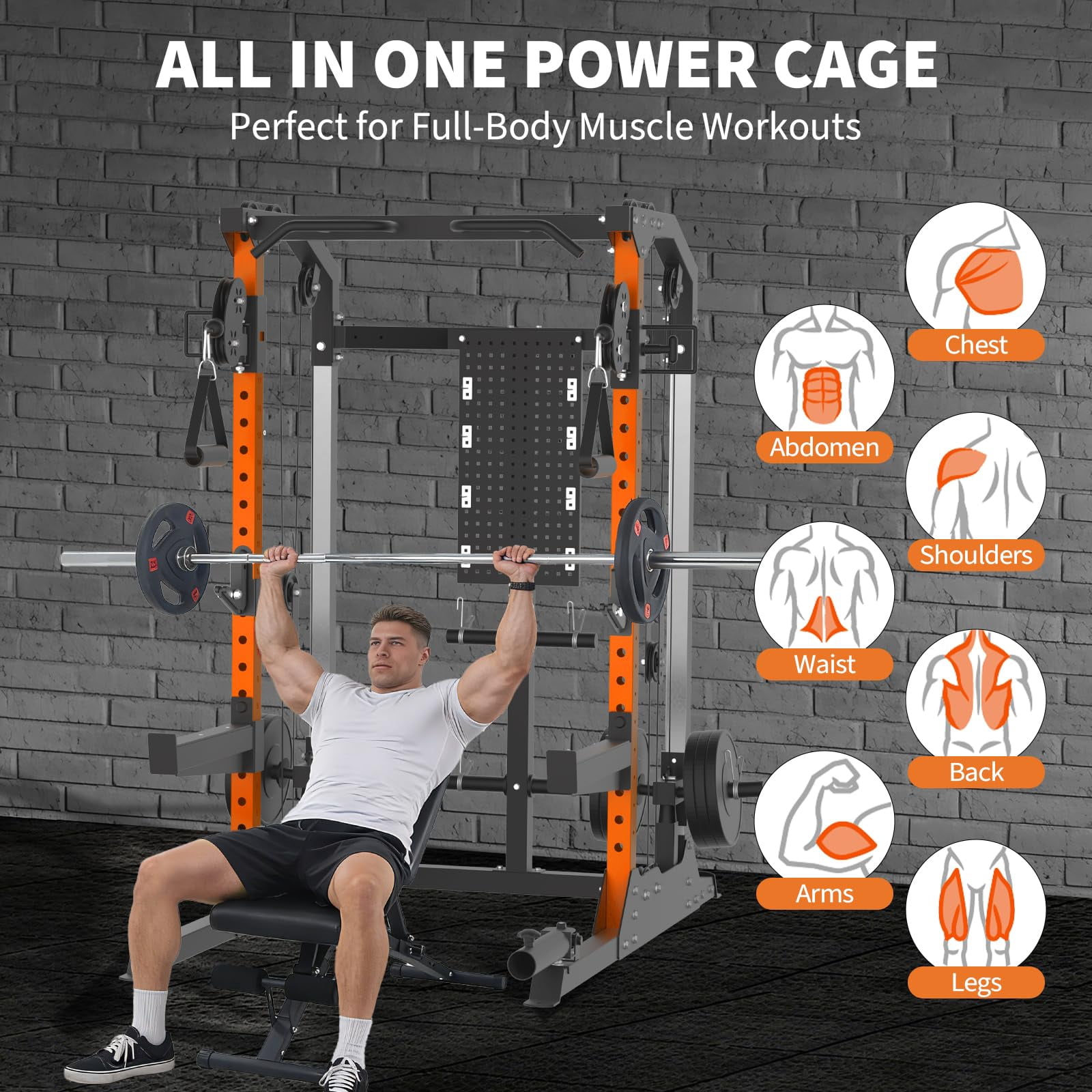 Gaderth Power Cage, Squat Rack for Home Gym, Power Rack with Dual Independent Pulley System, 2000LB Capacity Workout Cage with Adjustable Cable Crossover System and Training Attachment