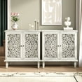 thumbnail image 4 of Vintage Hollow-Carved Accent Cabinet, 2-Door Display Storage Sideboard with Symmetrical Floral Design, Adjustable Shelf and Solid Wood Legs for Living Room Entryway(Antique Grey White), 4 of 38