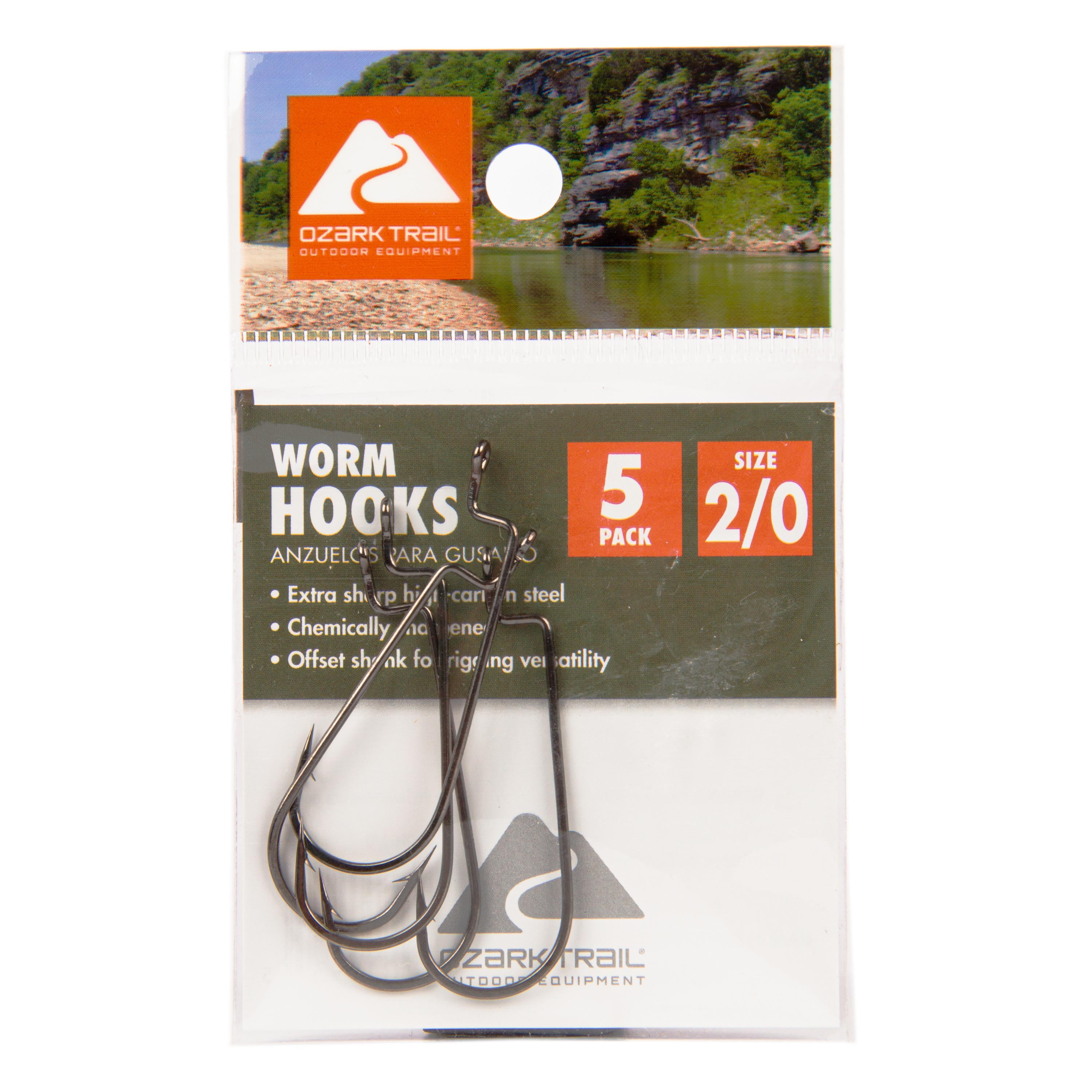 (10 pack) Ozark Trail Offset Worm Fishing Hooks, Size 2/0, High-Carbon Steel, 5-Pack