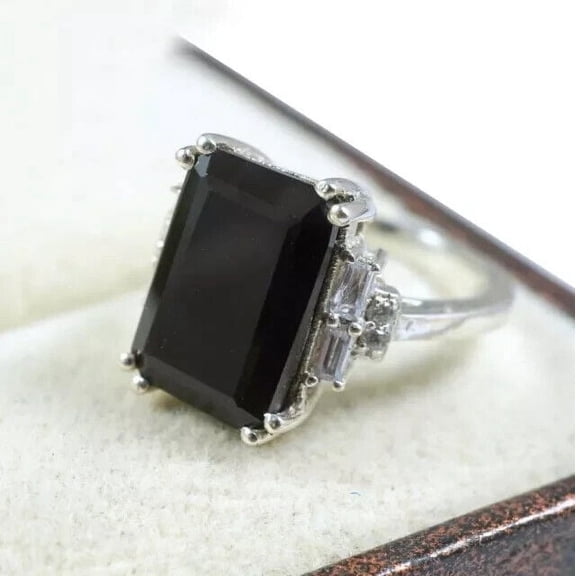 3Ct Emerald Cut Lab Created Black Diamond Engagement Ring 14K White Gold Plated Sterling Silver