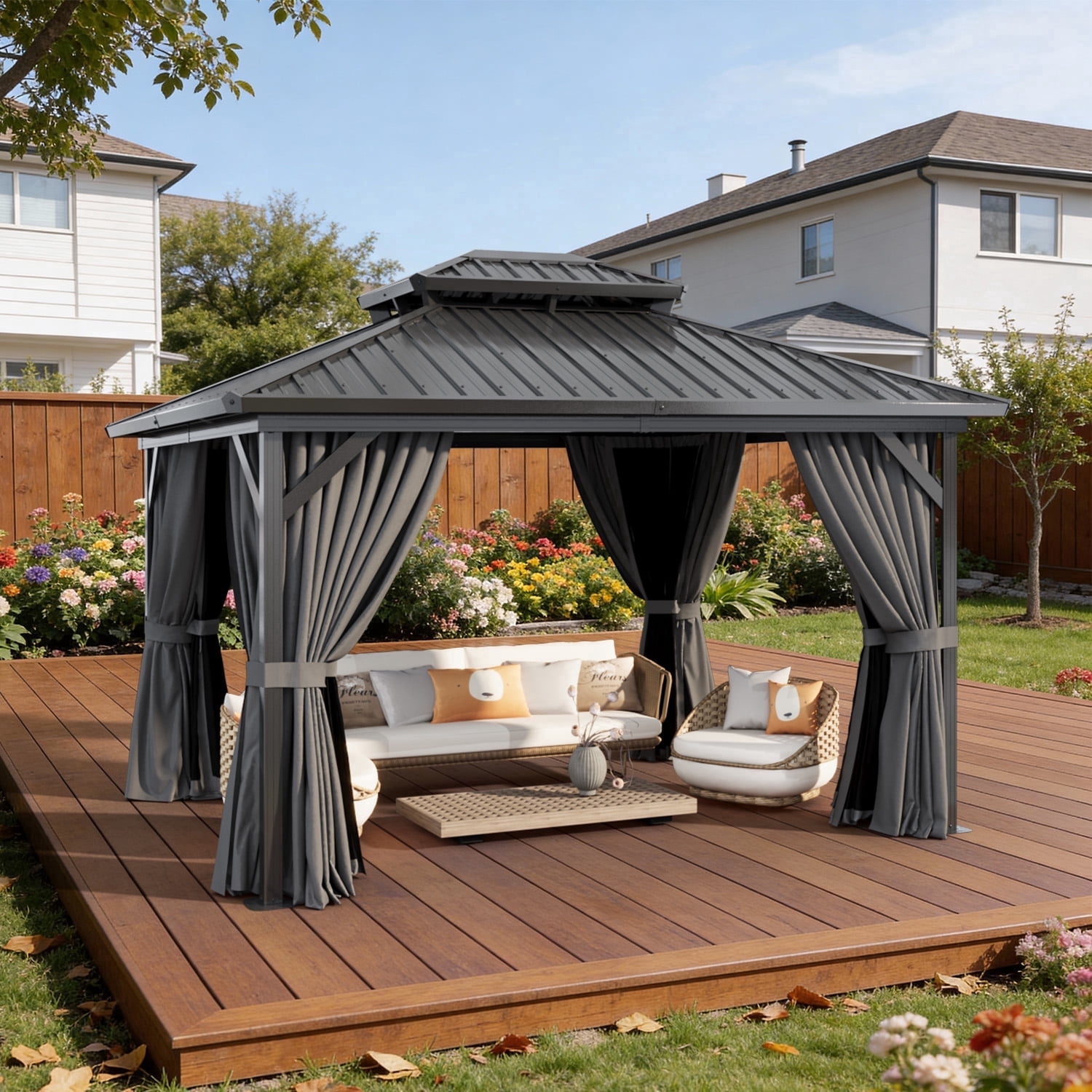 Sunmthink 10x12 ft. Hardtop Gazebo with Mosquite Netting, Double Metal Roof for Lawn and Garden, Brown