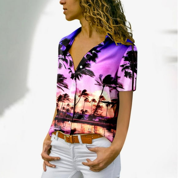 Women Fshion Casual Print Button Down Short Sleeve Shirt Top Worn T Shirts Clothes for Women Western Shirts Women Short Sleeve Tees Women Button down Blouse Shirt Long Sleeve Travel Shirt Colla Shirts
