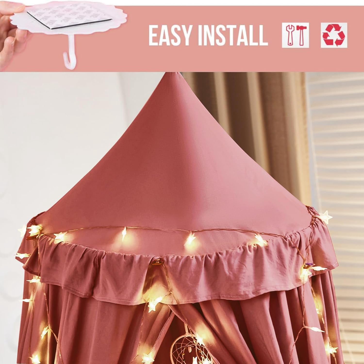 Decor Canopy for Kids Bed, Soft Smooth Playing Tent Canopy Girls Room Decoration Princess Castle, Dreamy Mosquito Net Bedding, Children Reading Nook Canopies in Home (Red Bean Color)