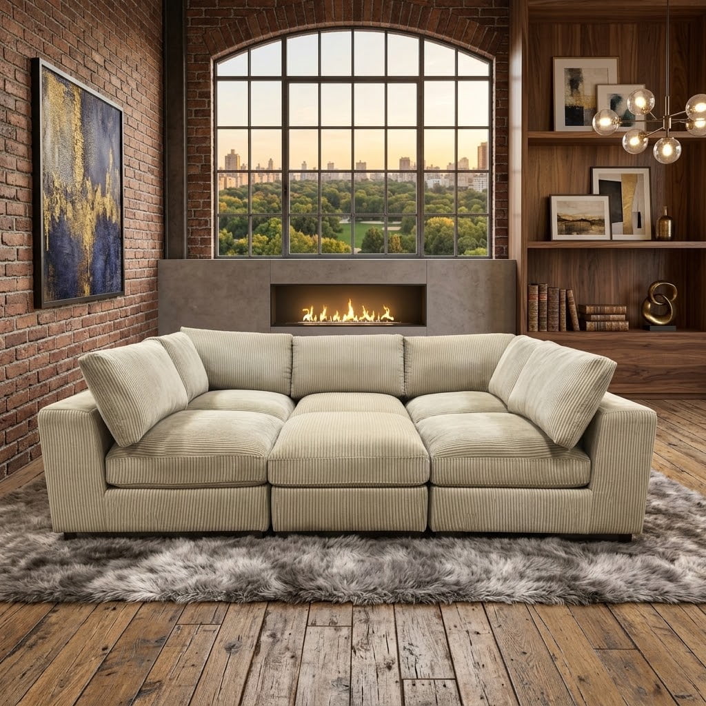 Howcool Cloud Couch Modular Sectional Sofa 6 Seat 122" L Shaped Reversible Convertible Couch, Corduroy Thick Cushion with Movable Ottomans, Washable Removable Cover for Living Room,Camel