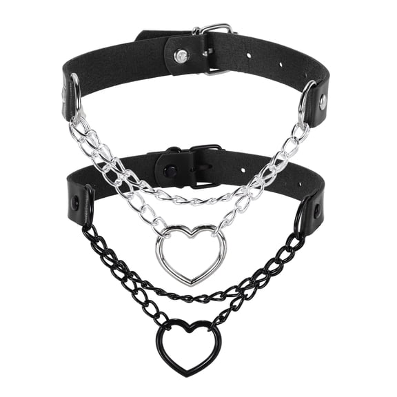 PU Leather Chokers, Love Heart Chokers Collar Necklace Gothic Punk Grunge Emo Necklace for Women, Black/Silver Black, 2Pcs