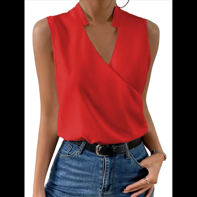 Camisetas Sin Mangas Plisadas para Mujer, Blusas Casuales Sin Mangas con Cuello en V, Camiseta Básica de Verano Rojo S