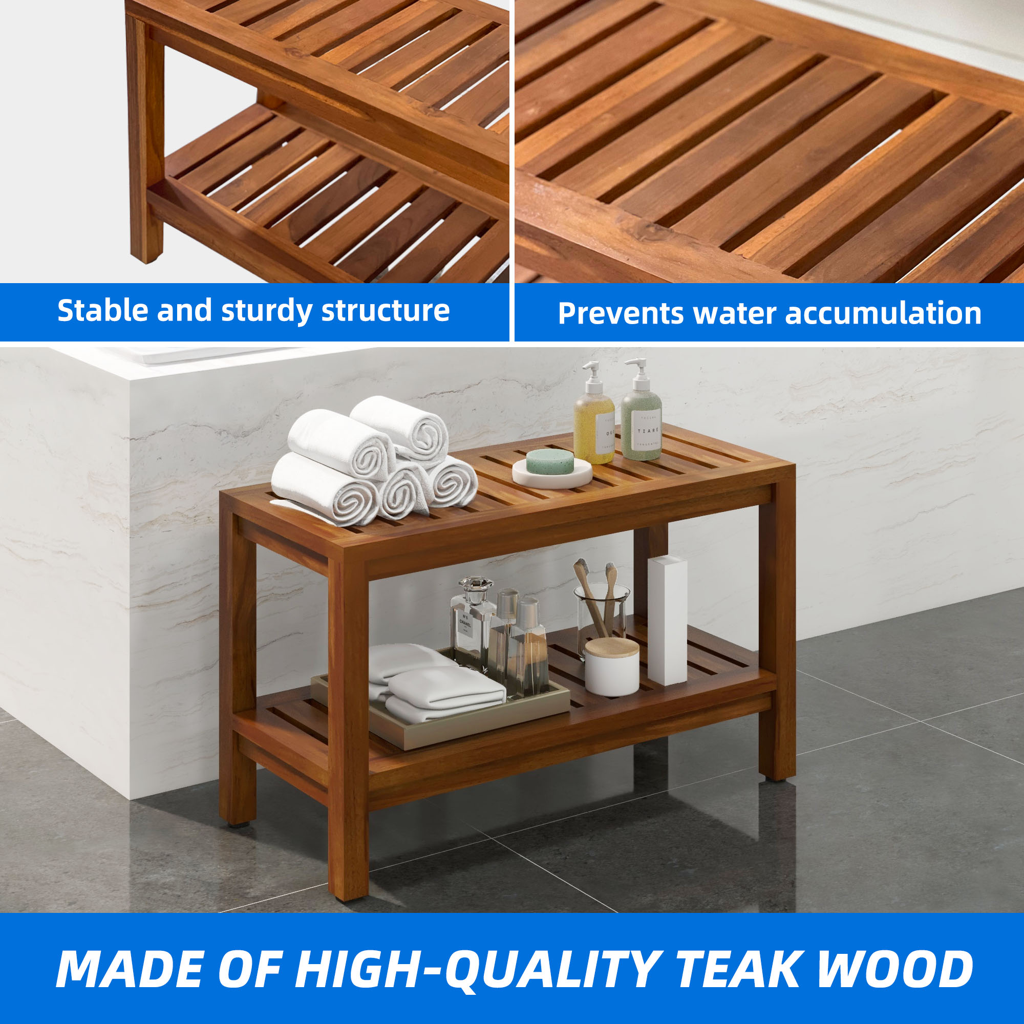 Uforic 30" Shower Seating Bench with Storage Shelf, Teak Wood Shower Stool with Non-Slip Pads, Brown