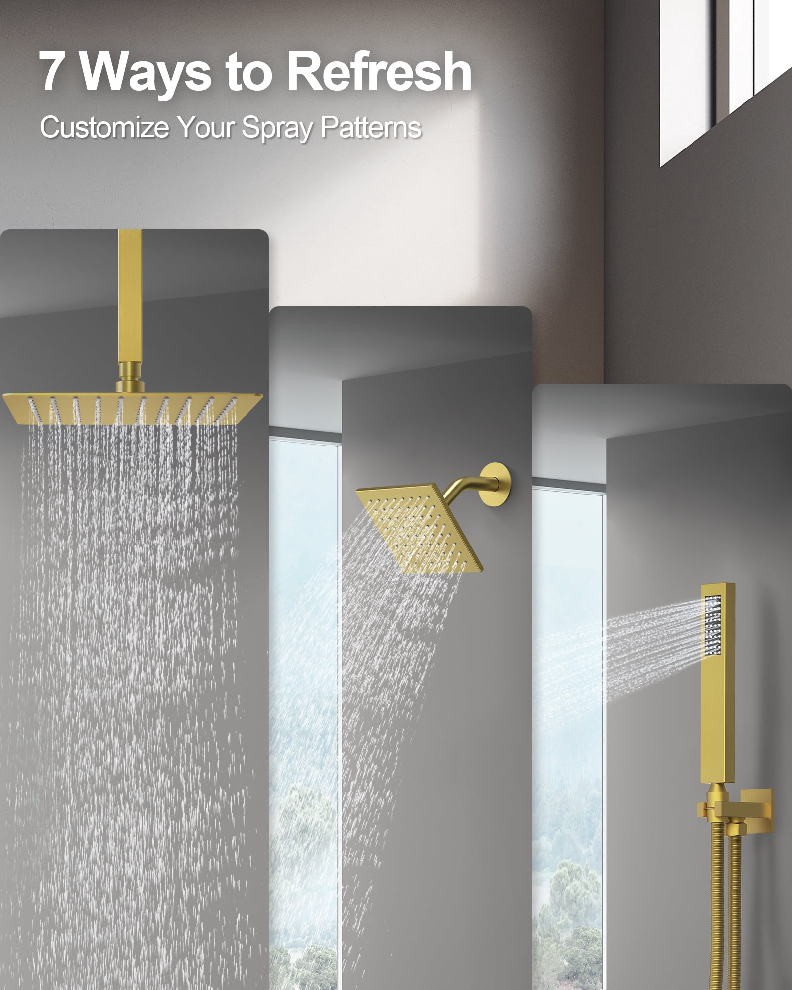 DOMETOUR Shower System Dual Rainfall Shower Heads with Handheld Sprayer for Ceiling Mount & Wall Mount 12’’6’’, Gold