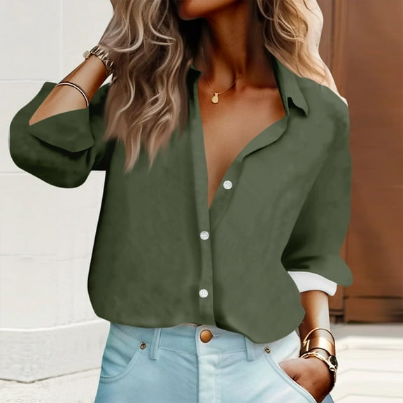 Tshirt Women Women's Shirt Blouse Solid Color Button Long Sleeve Casual Basic Shirt Collar Regular Top