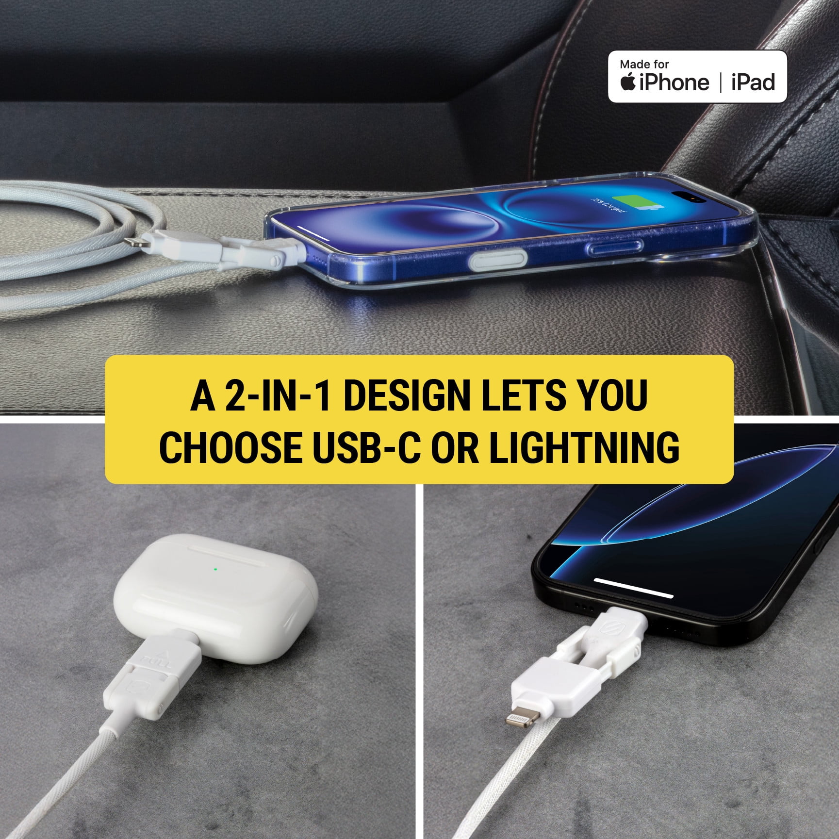 Scosche SH20CCi4WT-SP 20W PD USB-C Fast Wall Charger & 4 ft 2-in-1 USB-C to USB-C / Lightning Cable