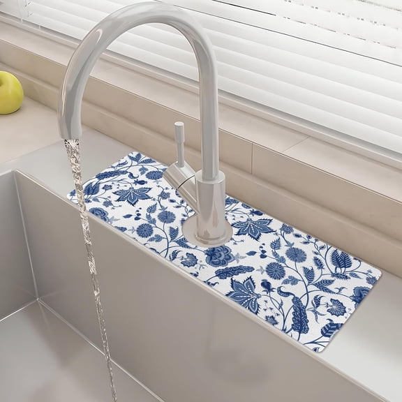 15" X 5.5" Kitchen Sink Splash Guard Faucet Mat Floral Super Absorbent Fast Drying Faucet Guard & Draining Mat Sink Splash Guard Behind Faucet for Kitchen, Bathroom