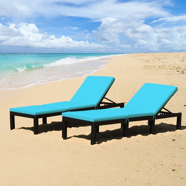 Gymax Lot de 2 Chaises Longues de Patio en Rotin Réglables avec Coussin Turquoise