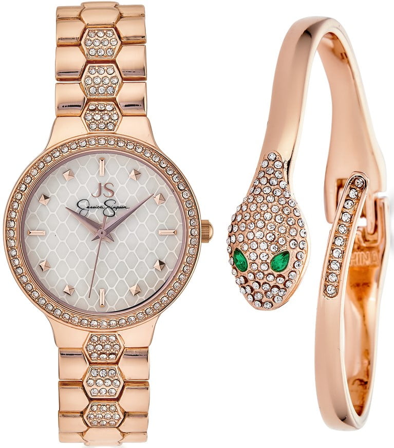 JS JESSICA SIMPSON CRYSTAL WATCH & SNAKE BRACELET SET