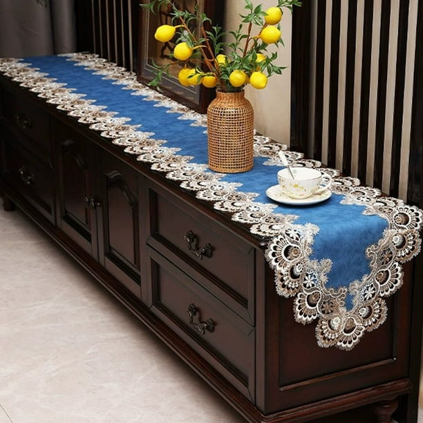 Camino de mesa de encaje azul para decoración de habitaciones, impermeable y resistente al aceite, para comedor, zapatero, mantel largo, regalo festivo, decoración de interiores, camino de mesa de pol