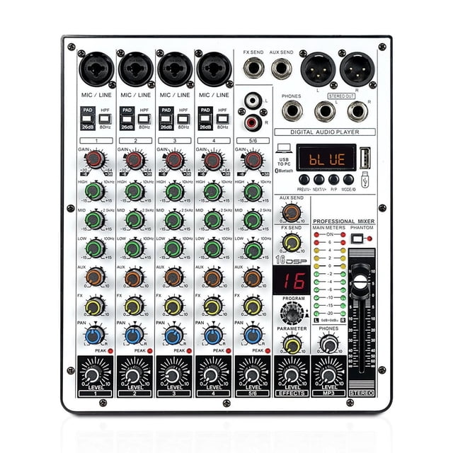 6-Channel Audio Mixer, DJ Mixer With USB Audio Interface, Function, 16 DSP Effects, And 3-Band EQ ,Easy to Operate