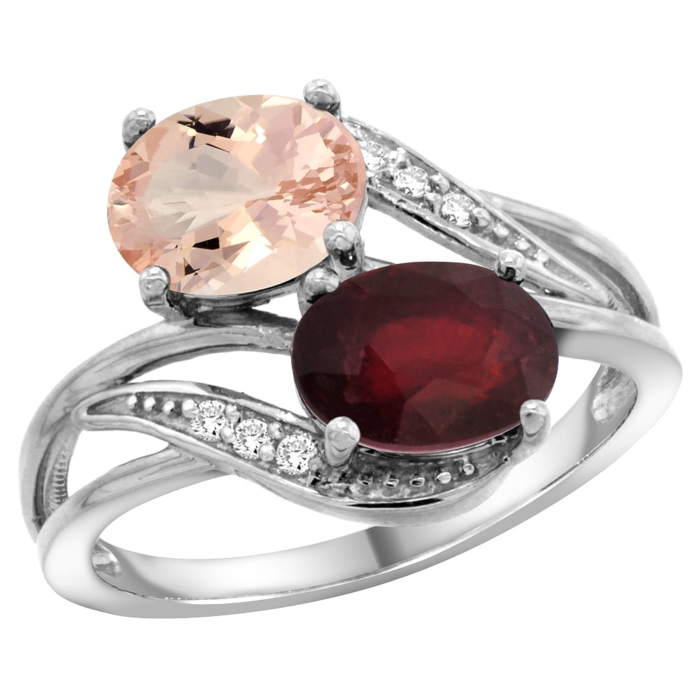 14K White Gold Diamond Natural Morganite & HQ Ruby 2-stone Ring Oval 8x6mm, size 6 by Gabriella Gold